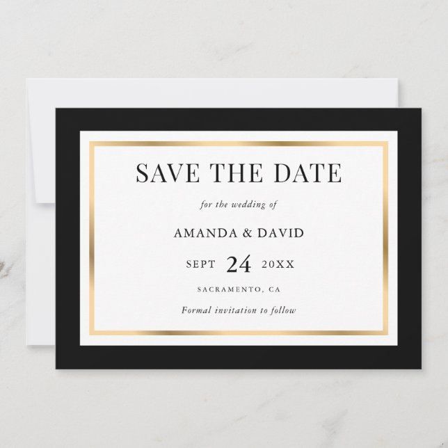 Reserva La Fecha Elegante Boda negro y oro (Anverso)
