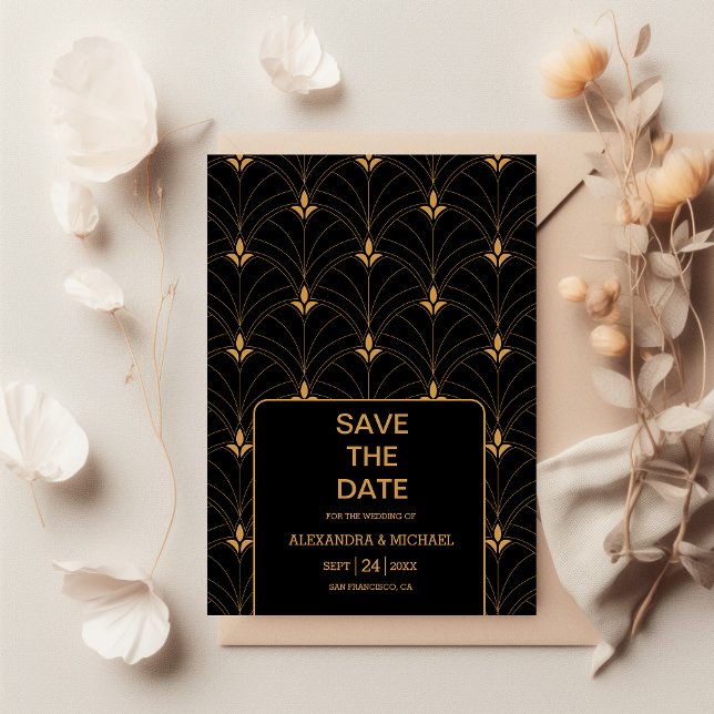 Reserva La Fecha Elegante Boda negro y oro Art Deco (Subido por el creador)