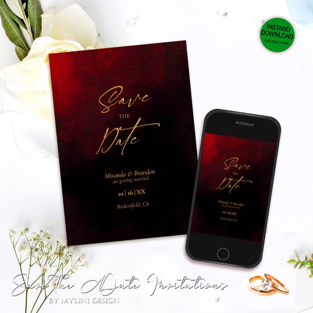 Reserva La Fecha Elegante Boda negro y rojo dorado (Subido por el creador)