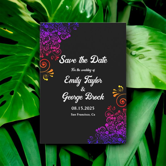 Reserva La Fecha Elegante Boda Neon Floral Ornate Blanco Y Negro (Subido por el creador)