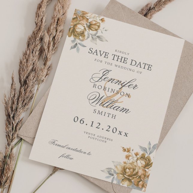 Reserva La Fecha Elegante Boda Oro Rústico Floral Guardar Fecha (Elegant Wedding Gold Rustic Floral Save Date Save The Date)