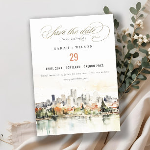 Reserva La Fecha Elegante Boda Portland Oregon Skyline Watercolor