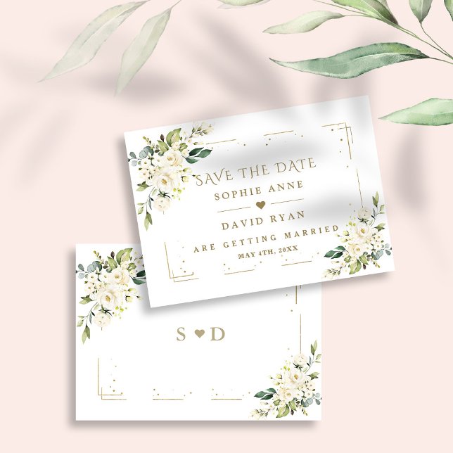 Reserva La Fecha Elegante Boda Purpurina de flores de crema blanca (ELEGANT TRENDY MODERN WHITE FLORAL GOLD WEDDING SAVE THE DATE)