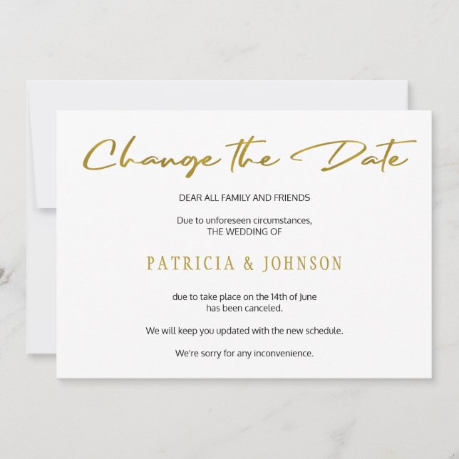 Reserva La Fecha Elegante boda purpurina de oro cambia la fecha (Anverso)