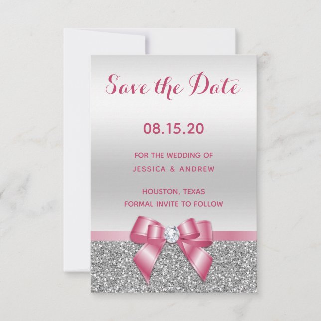 Reserva La Fecha Elegante Boda Purpurina romántico rosado y platead (Anverso)