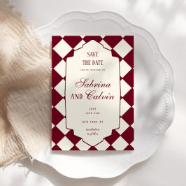 Reserva La Fecha Elegante Boda Retro a Cuadros Burdeos