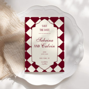 Reserva La Fecha Elegante Boda Retro a Cuadros Burdeos