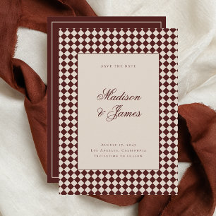 Reserva La Fecha Elegante Boda Retro a Cuadros Rojo Beige