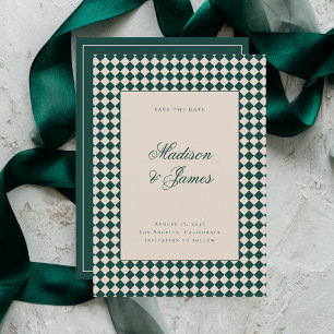 Reserva La Fecha Elegante Boda Retro a Cuadros Verde Beige