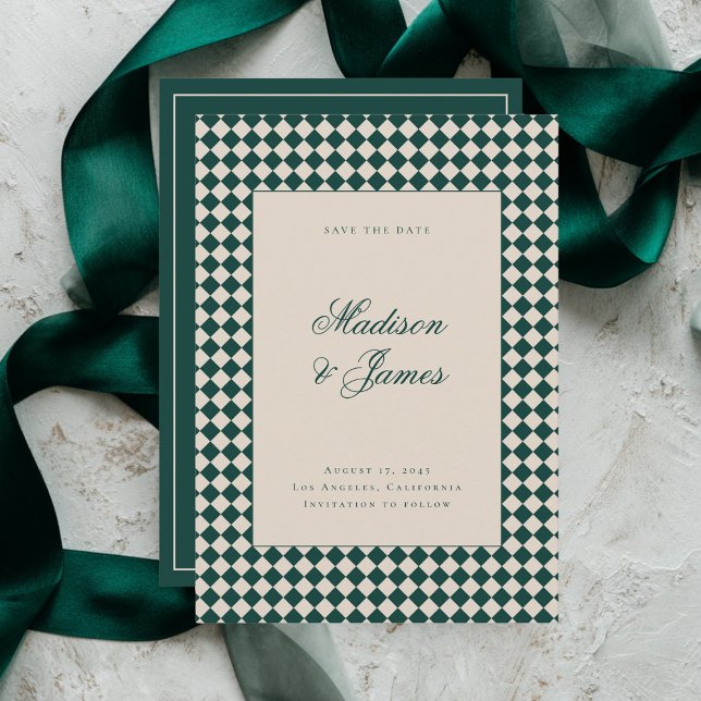 Reserva La Fecha Elegante Boda Retro a Cuadros Verde Beige (Subido por el creador)
