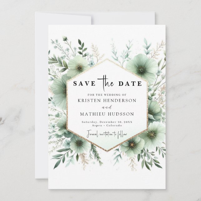 Reserva La Fecha Elegante Boda Romántico Romántico Sage Green (Anverso)