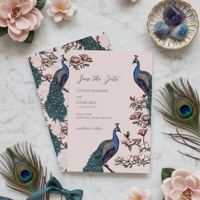 Reserva La Fecha Elegante Boda Rubor Floral Peacock (Pink Peacock Save the Dates for Modern Bird Wedding. Vintage Floral Peacock Chinoiserie Engagement )