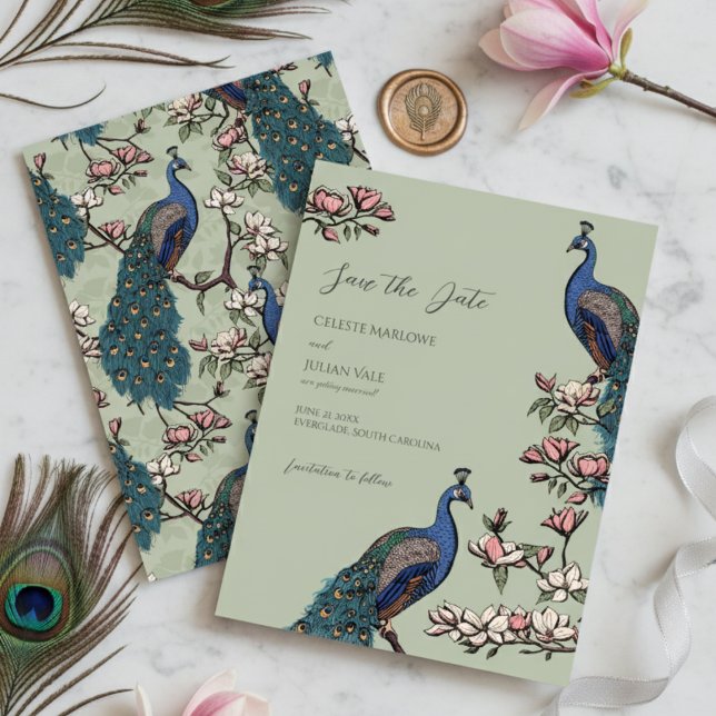 Reserva La Fecha Elegante Boda Sage Floral Peacock (Sage Peacock Save the Dates for Modern Bird Wedding. Vintage Floral Peacock Chinoiserie Engagement )