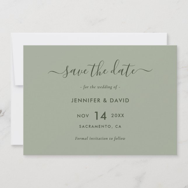 Reserva La Fecha Elegante Boda Sage Green Script (Anverso)