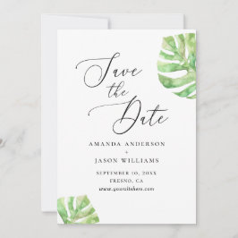 Reserva La Fecha Elegante boda tropical de acuarela monstera