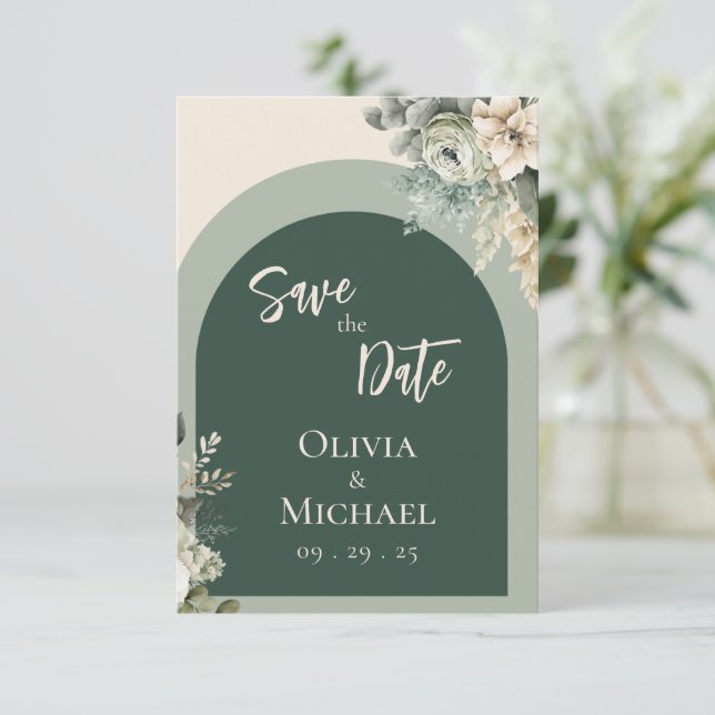 Reserva La Fecha Elegante boda verde azarosa floral salva la fecha (Anverso de pie)