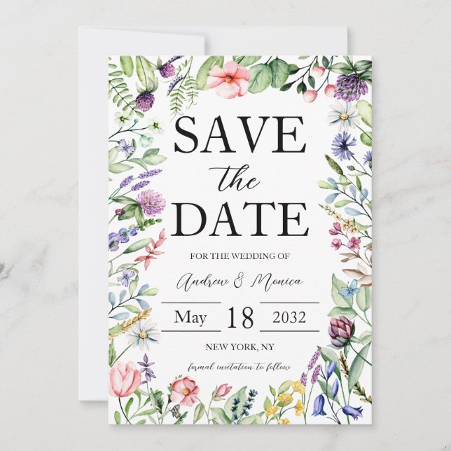 Reserva La Fecha Elegante Boda Verde de Flores Salvajes Audaces (Anverso)