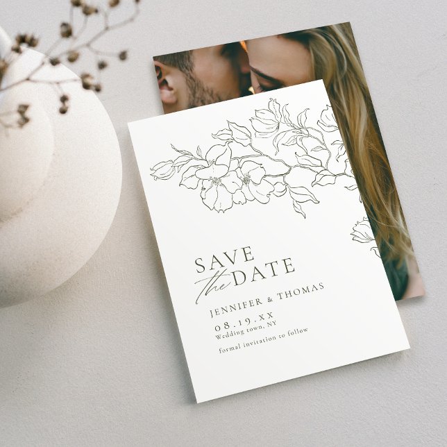 Reserva La Fecha Elegante boda verde de salvia floral a mano (Elegant hand drawn floral sage green save the date card)