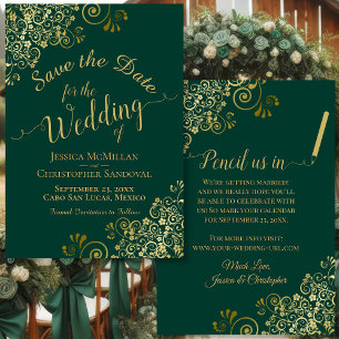 Reserva La Fecha Elegante Boda verde esmeralda de filigrí dorado