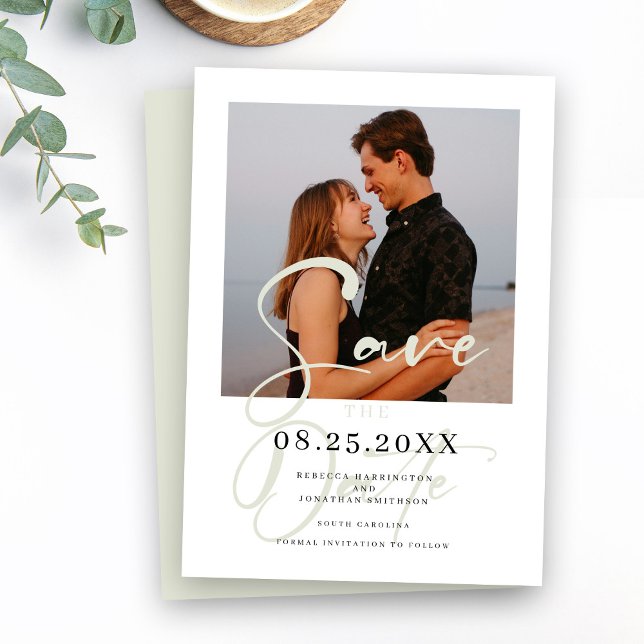 Reserva La Fecha Elegante Boda Verde Mínimo Foto Guardar La Fecha (Subido por el creador)