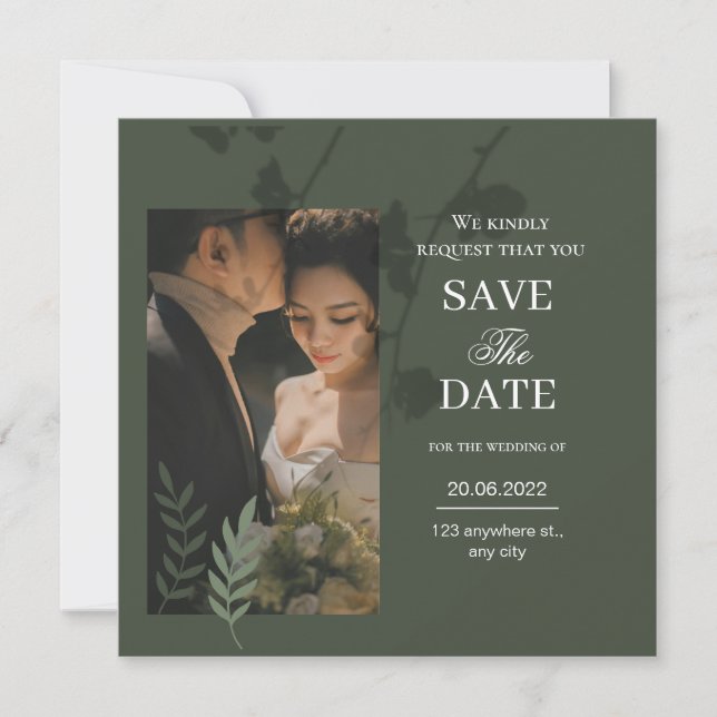 Reserva La Fecha Elegante boda verde oliva personalizable  (Anverso)