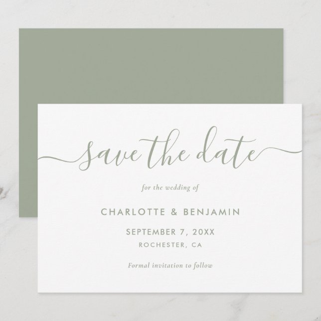 Reserva La Fecha Elegante Boda verde sabio Minimalista (Anverso / Reverso)