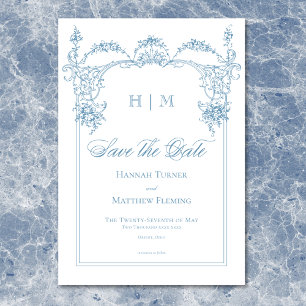 Reserva La Fecha Elegante Boda Victoriana Chinoiserie Azul Francés