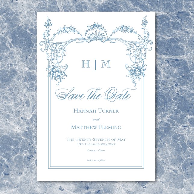 Reserva La Fecha Elegante Boda Victoriana de Chinoiserie Azul Franc (Elegant French Blue Victorian Chinoiserie Wedding Save The Date)