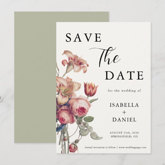 Reserva La Fecha Elegante Bodas con Letra Floral Guardar la Fecha (Anverso / Reverso)