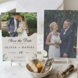 Reserva La Fecha Elegante Boho Foto de Boda con Hojas de Eucalipto