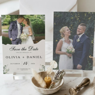 Reserva La Fecha Elegante Boho Foto de Boda con Hojas de Eucalipto