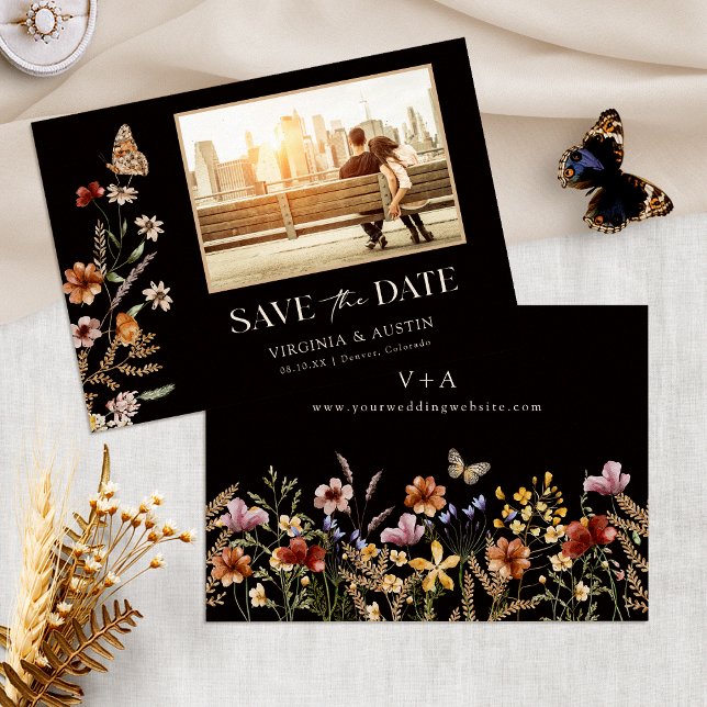 Reserva La Fecha Elegante Boho Foto Guardar La Fecha (Elegant Black Wildflower Boho Photo Save The Date Monogrammed by Painted Paperie
)