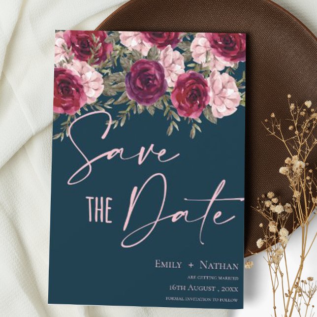 Reserva La Fecha Elegante Bonito Borgoña Peach Blue Floral Boda (Subido por el creador)