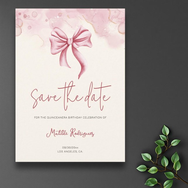 Reserva La Fecha Elegante Bow Rosado Cumpleaños Quinceañera (Subido por el creador)