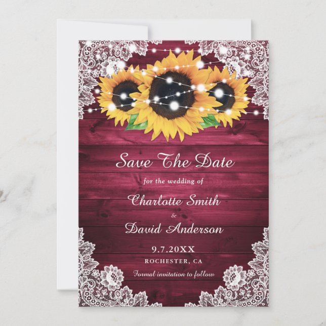 Reserva La Fecha Elegante Burgundy Rustic Wood Lace Sunflower (Anverso)