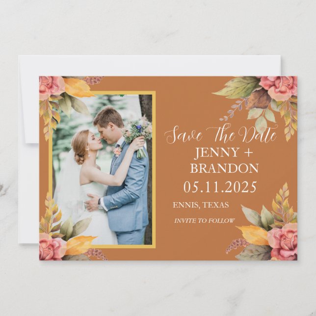 Reserva La Fecha Elegante Caída Otoño Floral Terracotta Foto De Oto (Anverso)
