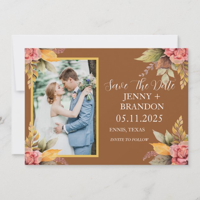 Reserva La Fecha Elegante Caída Otoño Floral Terracotta Foto De Oto (Anverso)