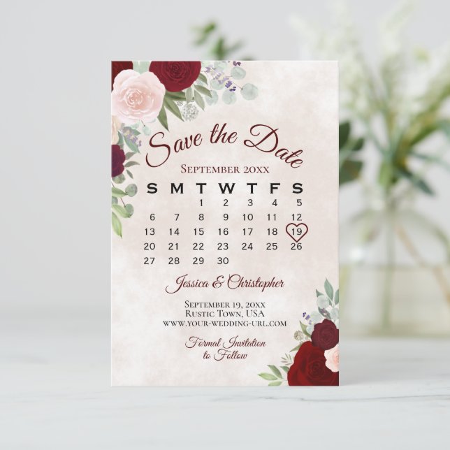 Reserva La Fecha Elegante calendario de Bodas Boho de rosas y rojas (Anverso de pie)