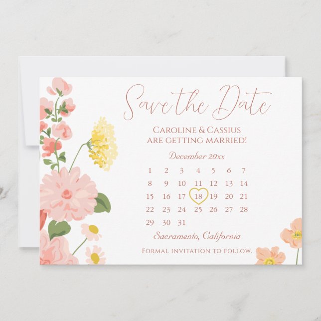 Reserva La Fecha Elegante calendario de Bodas de flores silvestres  (Anverso)