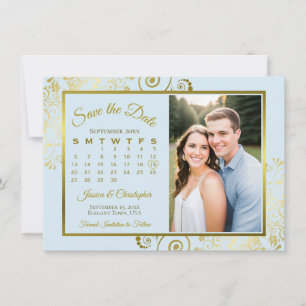 Reserva La Fecha Elegante Calendario de Foto de Boda en Azul Polvo