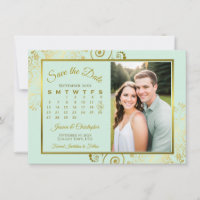 Elegante calendario verde menta y dorado Foto Boda