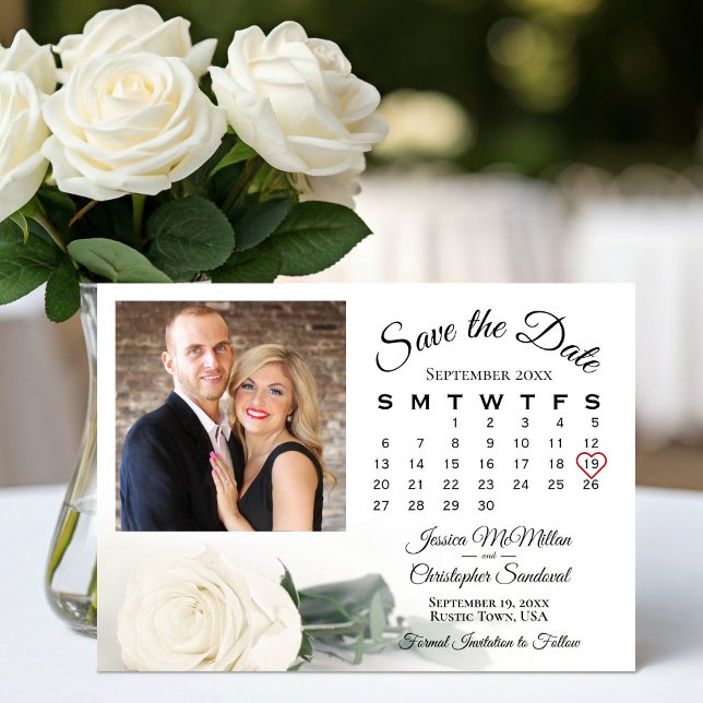 Reserva La Fecha Elegante calendario y foto de Boda de rosa blanco  (Subido por el creador)