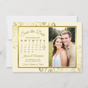 Reserva La Fecha Elegante calendario y foto de boda en oro y crema
