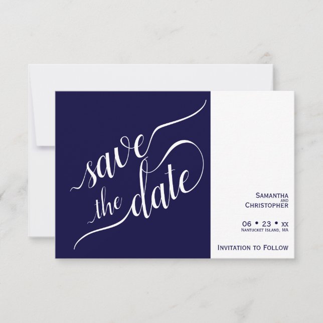 Reserva La Fecha Elegante caligrafía Boda azul de la Marina Minimal (Anverso)