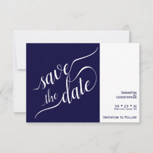 Reserva La Fecha Elegante caligrafía Boda azul de la Marina Minimal