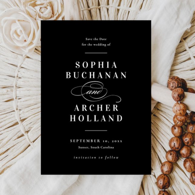 Reserva La Fecha Elegante caligrafía Boda blanco y negro (Elegant type black and white non photo save the date card.)