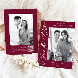 Reserva La Fecha Elegante caligrafía Borgoña Foto Boda de código QR