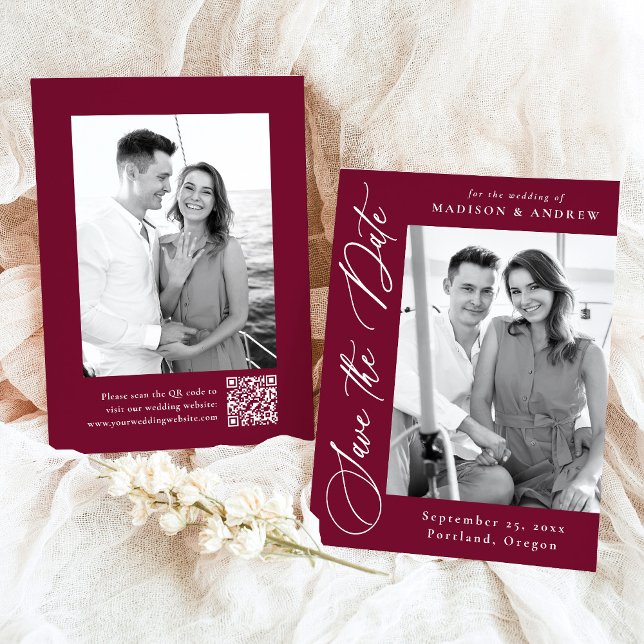 Reserva La Fecha Elegante caligrafía Borgoña Foto Boda de código QR (Subido por el creador)