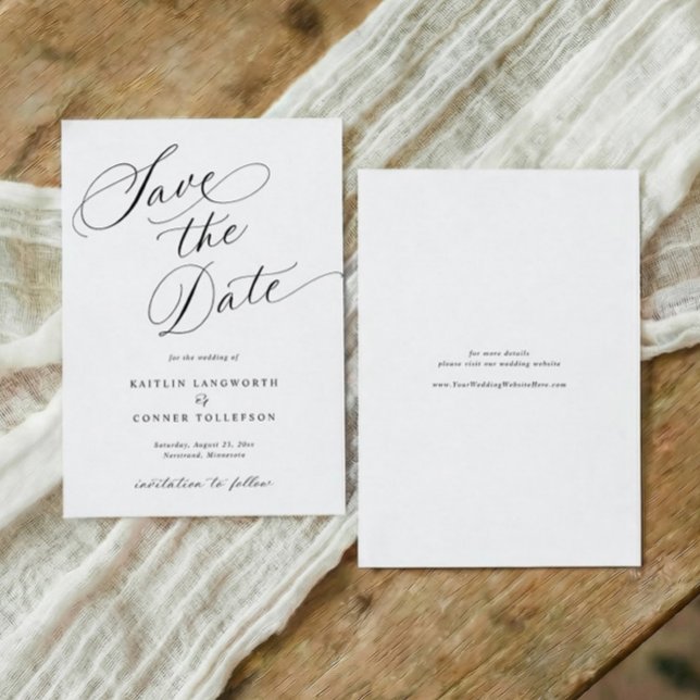 Reserva La Fecha Elegante Caligrafía Clásica Boda Formal (Formal black and white wedding save the date with elegant calligraphy and classic script)