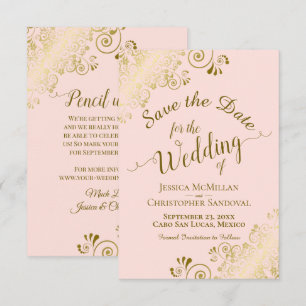 Reserva La Fecha Elegante caligrafía de oro en Boda rosa Rubor